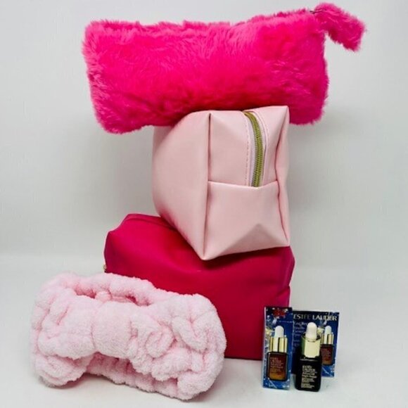 3 Pink Cosmetics Bag , One Bath Hair wrap &  ESTEE LAUDER Adv.Night Repair Serum - Picture 1 of 4